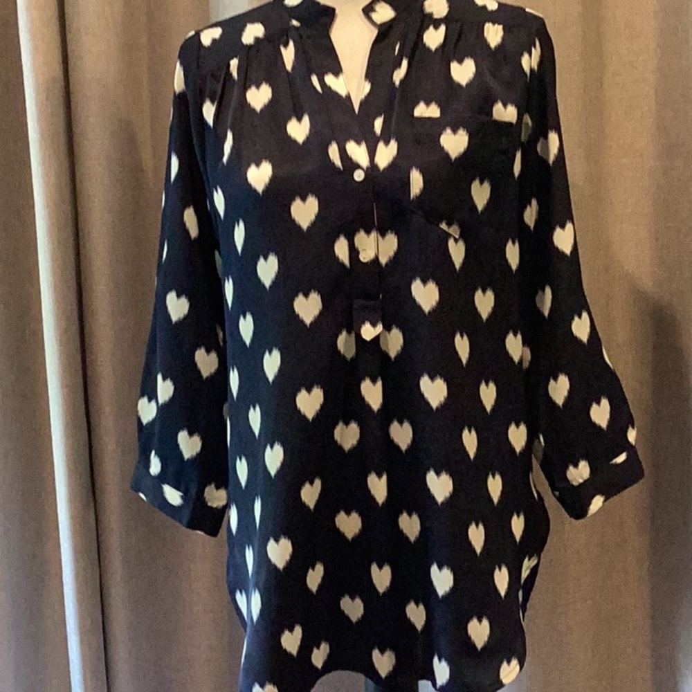 Pixley Black and White 3/4 Sleeve Blouse with Mandarin Collar, NWT, navy, size M